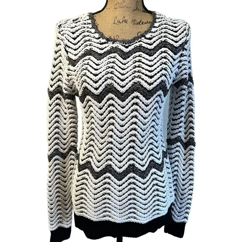 Etcetera Women's Black White Chevron Knit Cotton Blend Long Sleeve Sweater Sz M